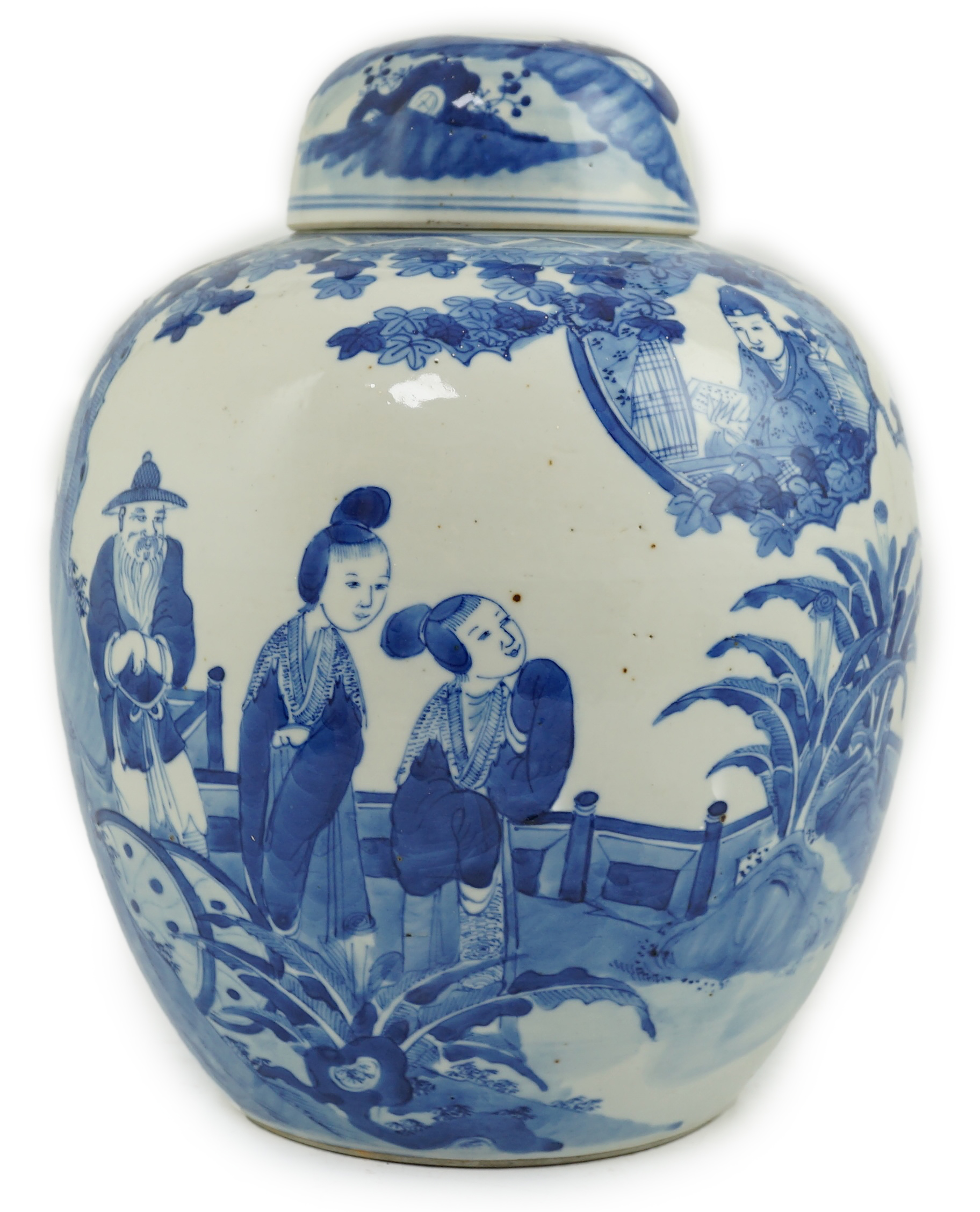 A large Chinese blue and white ‘Romance of the Western chamber’ ovoid jar and cover, Kangxi mark, but late 19th century